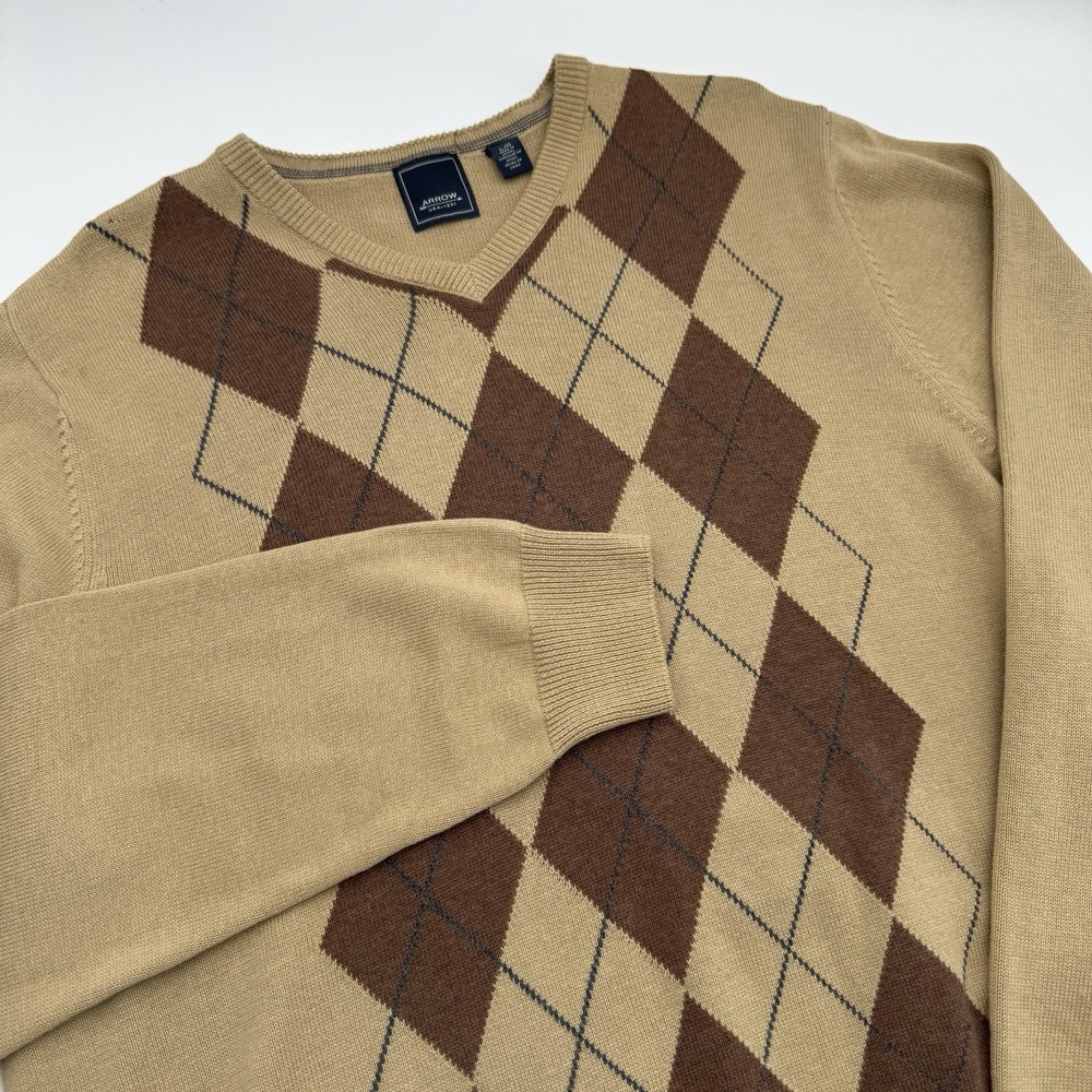 Arrow Men's Size L Argyle Diamond 100% Cotton V Neck Sweater Mustard Yellow